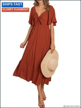 Women's Summer Bow Tie V Neck Midi Dress Short Sleeve Back Smocked A Line